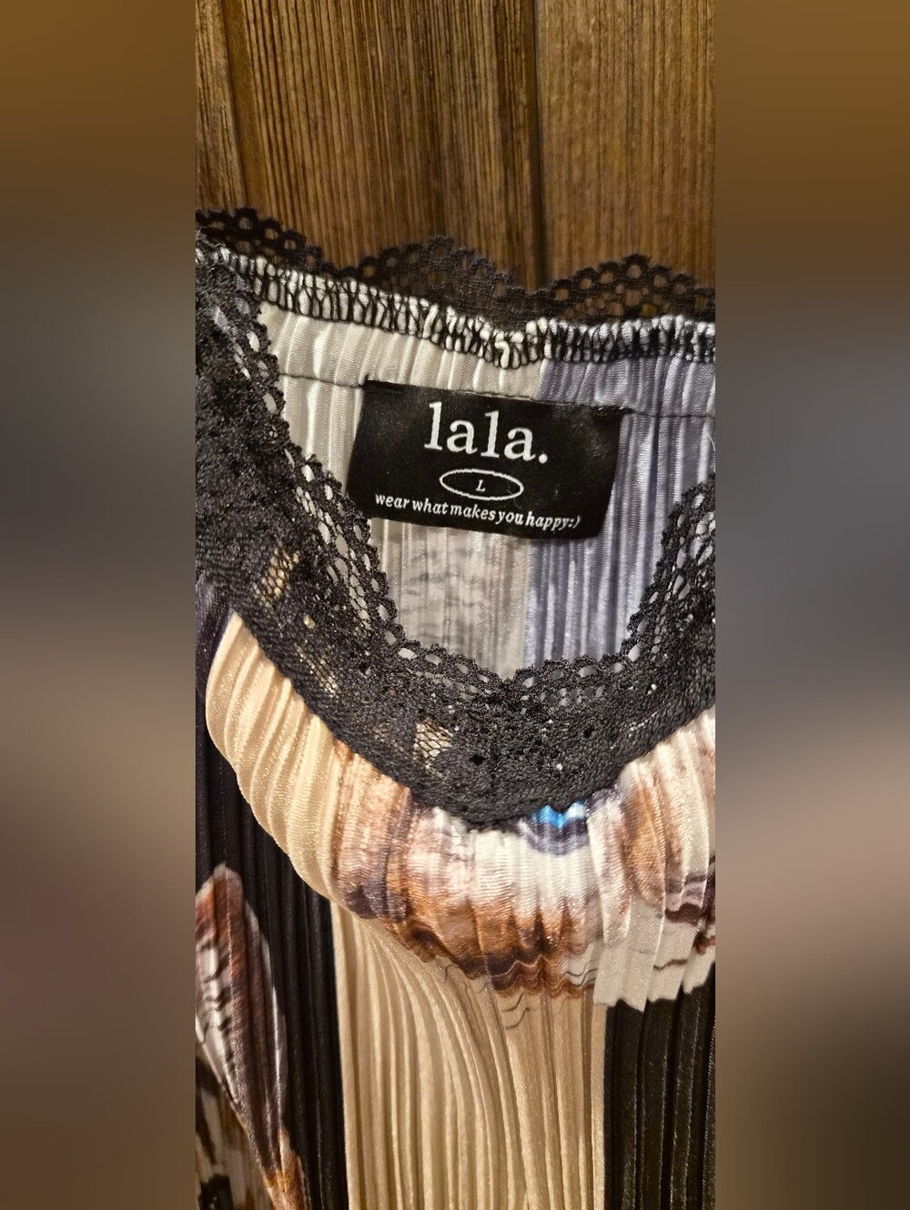 Dressed In LALA Cat Face Striped Satin Slip Dress with Lace Trim - Black & Beige - Picture 2 of 2